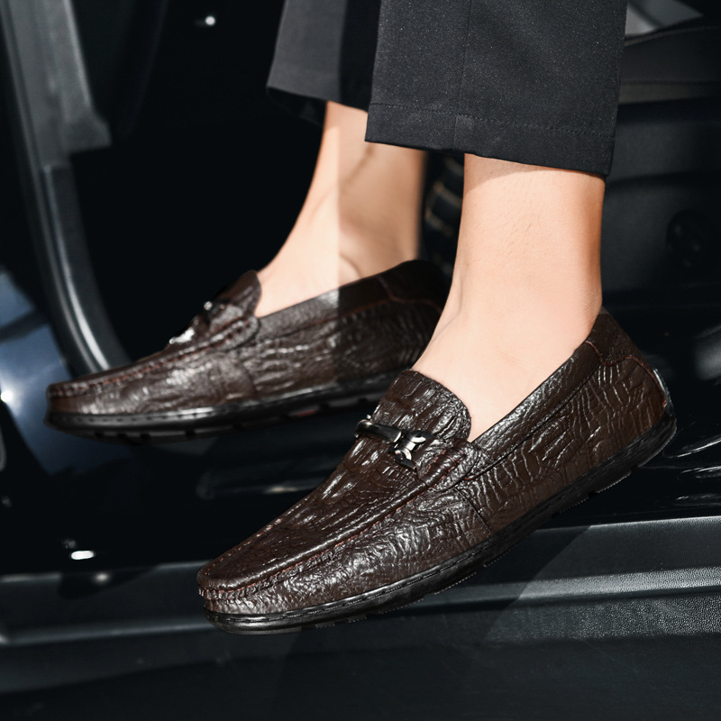 Autumn And Winter Men's Loafers, First Layer Cowhide Slip-On, Korean Style, Versatile British Lazy Crocodile Pattern Cas_vogvips.com