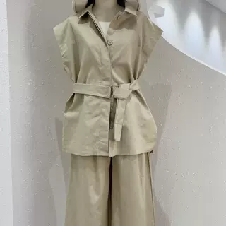 时尚套装女法式气质系带收腰纯色衬衫夏季高腰阔腿休闲裤两件套