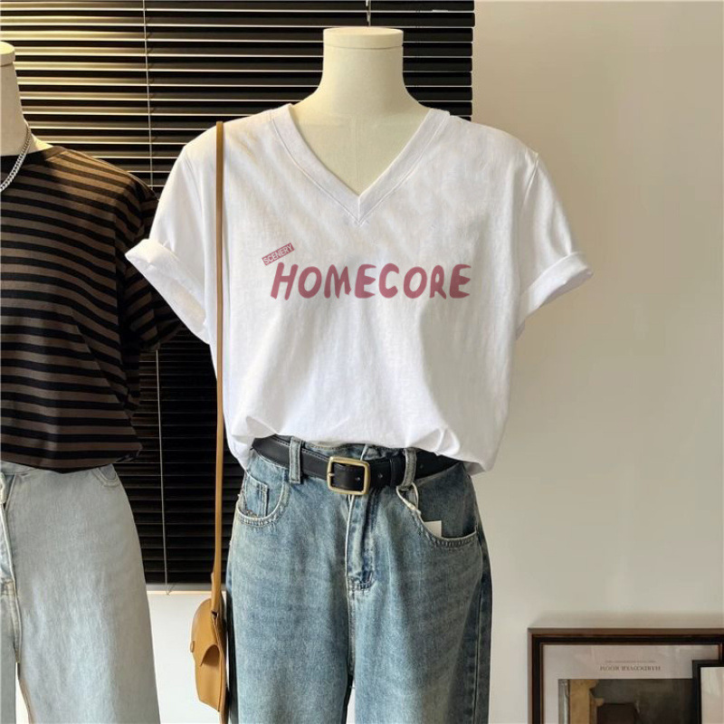 Short-Sleeved Women's New Summer Girls' Short-Sleeved Shirt V Neck Loose White T-Shirt