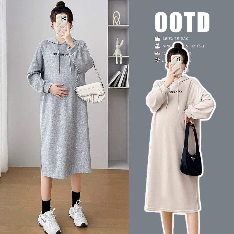 Платье для беременных 2023 Новое осеннее свободное платье с капюшоном в Корейском стиле Модное платье для беременных Платье для беременных