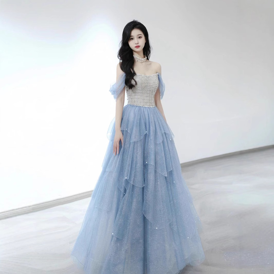 2026 nuevo azul azul azul hombro vestido de princesa piano violín vestido de anfitrión de espectáculo vestido de examen vocal