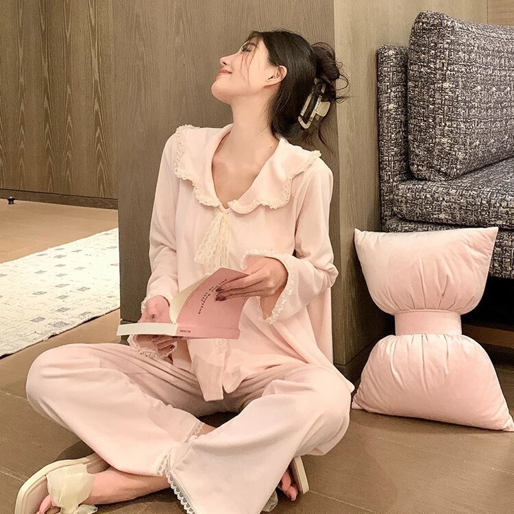 New Autumn Double-Sided Island Velvet Pajamas for Women, Lace Solid Color Long-Sleeved Trousers, Doll Collar Home Wear Set New Autumn Double-Sided Island Velvet Pajamas for Women, Lace Solid Color Long-Sleeved Trousers, Doll Collar Home Wear Set