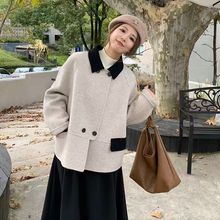 法式美拉德撞色娃娃领毛呢外套女秋冬装新款百搭气质休闲短款上衣