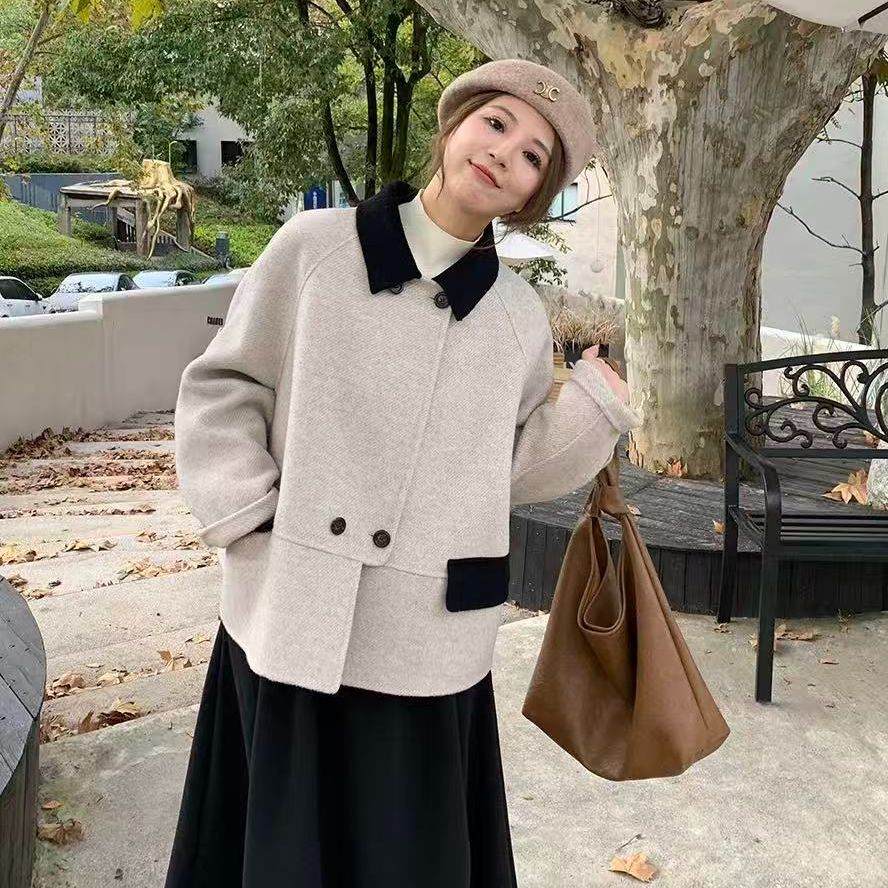 法式美拉德撞色娃娃领毛呢外套女秋冬装新款百搭气质休闲短款上衣