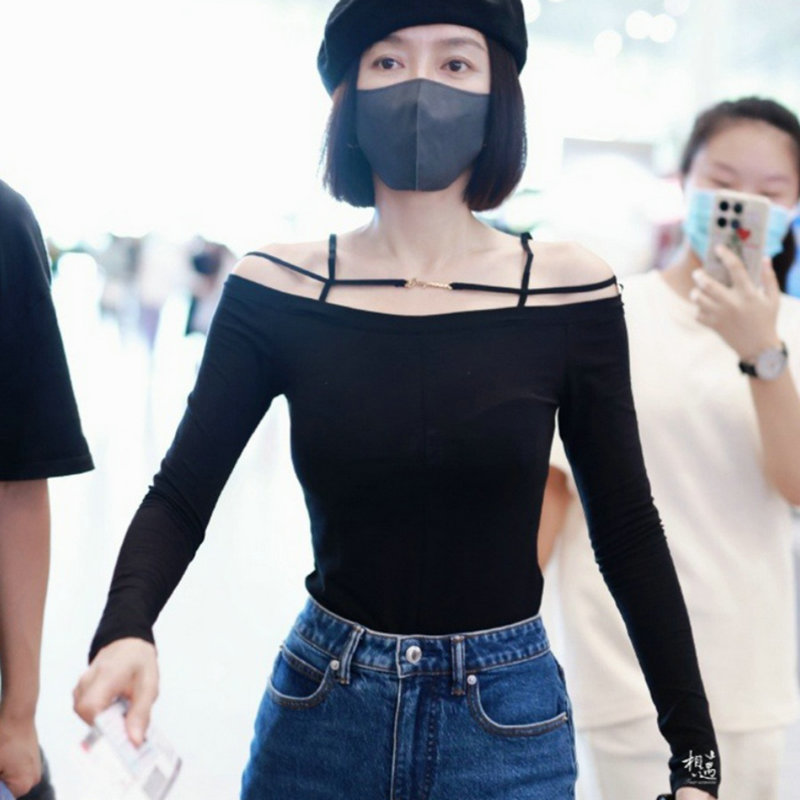 in stock 740NJennie Qin Lan with off-shoulder top shoulder design suspender T-shirt women's base shirt
