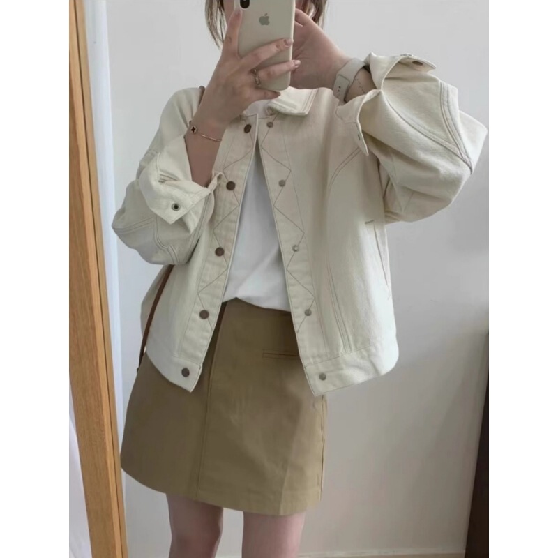 Vintage Hong Kong Clothing Stitching Gradient Lapel Denim Jacket Women's Short 2025 Early Spring and Autumn New Jacket