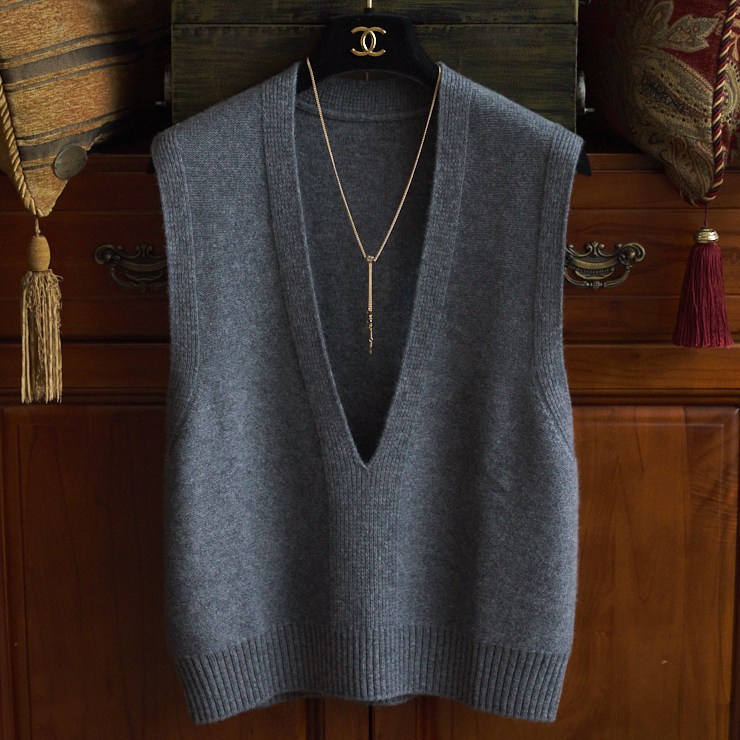 Estilo coreano suéter con cuello en V profundo Chaleco de punto de las mujeres apiladas suéter sin mangas de Cachemira chaleco desgaste exterior chaleco image 5