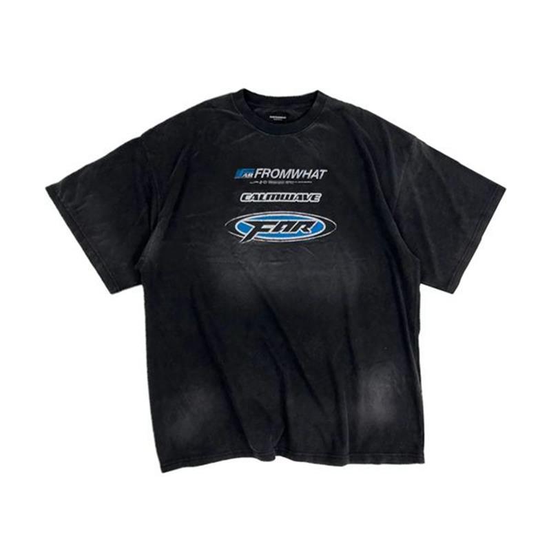 Camiseta de manga corta Cleanfit de estilo coreano, con estampado de carreras de autos, lavada, descolorida y desgastada, de tendencia