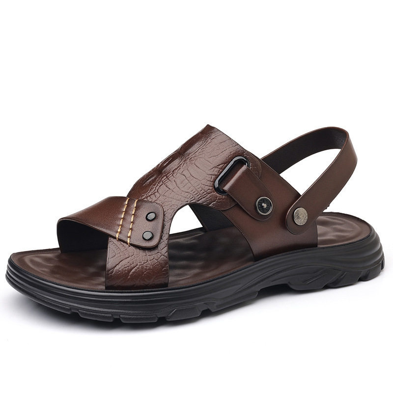 Dép sandal nam quai ngang mũi tròn, đế bằng mềm chống trượt, kiểu hở ngón đi biển và đi ngoài trời — Màu nâu, màu đen
