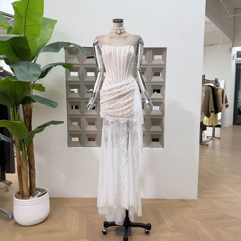 Amazon Romantic Fishbone Lace Strapless Ruched Dress + Sheer Split Skirt Gown Long Dress New Amazon Romantic Fishbone Lace Strapless Ruched Dress + Sheer Split Skirt Gown Long Dress New