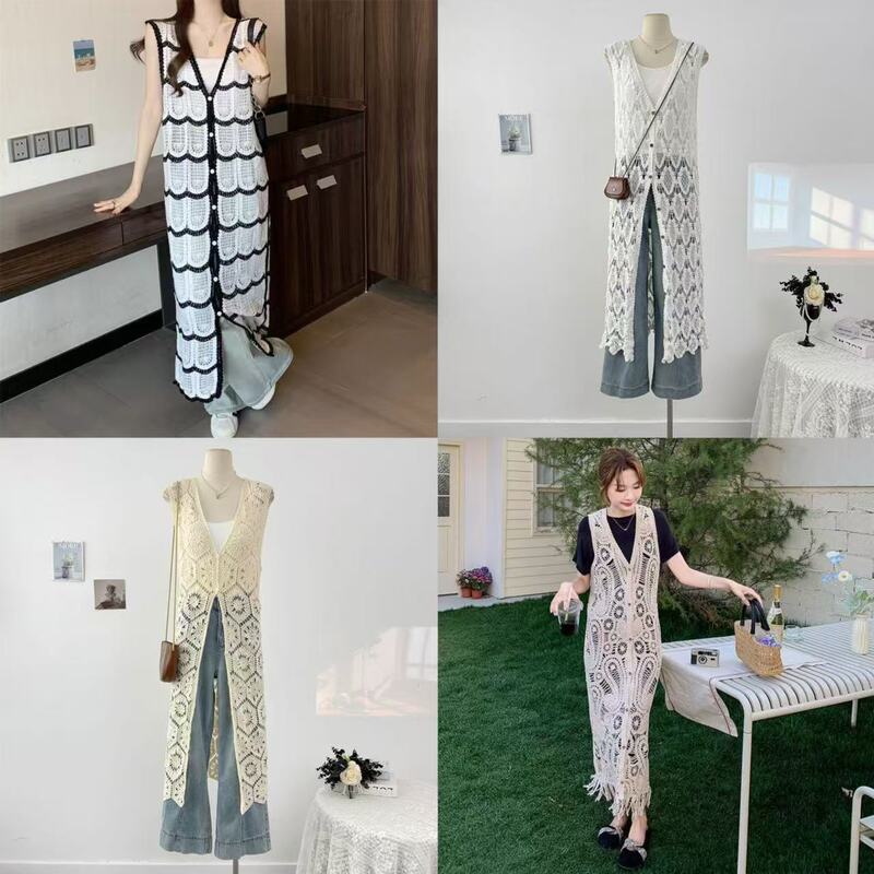 Mid-Length Vest Jacket for Women in Spring and Autumn, Hollow-Out Knitted Sleeveless Vest, Thin Outerwear Vest Cardigan
