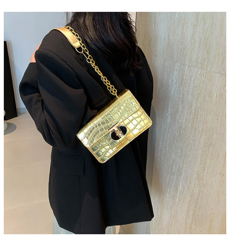 Fashion chain lock handbag 2024 new shiny stone pattern small square versatile and stylish single shoulder crossbody bag_voghion.com