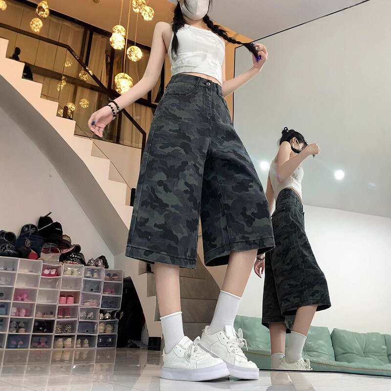 American Retro Camouflage Wide-Leg Cropped Denim Shorts for Women, Summer New Loose Versatile Cargo Straight Pants Trendy