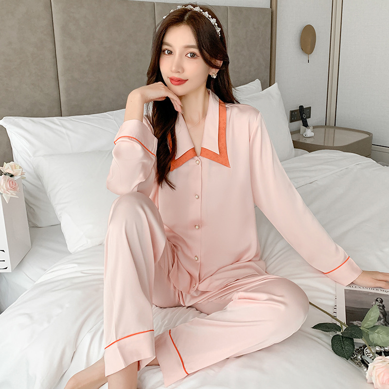 Ice Silk Pajamas Women's New Summer Ice Silk Long Sleeve Trousers Thin Doll Collar Casual Ice Silk Home Clothes Wholesale