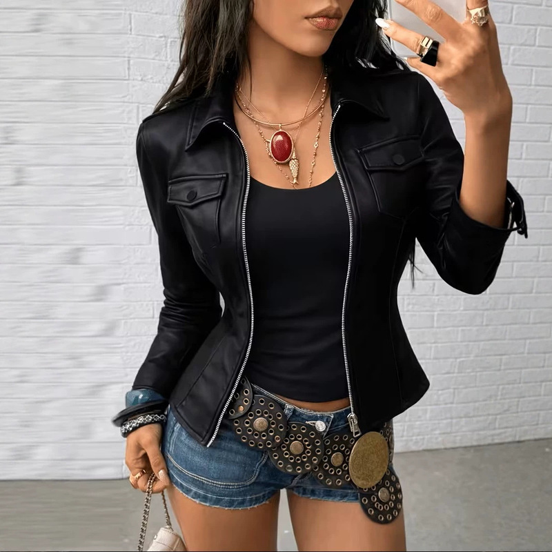 A1130 Cross-Border European and American Amazon Aliexpress Women's Pu Jacket Fashion Solid Color Slim Fit Biker Jacket A1130 Cross-Border European and American Amazon Aliexpress Women's Pu Jacket Fashion Solid Color Slim Fit Biker Jacket