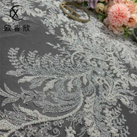 外贸洒金细粉白色珠子连衣裙网纱布双边立体复古婚纱礼服面料厂家