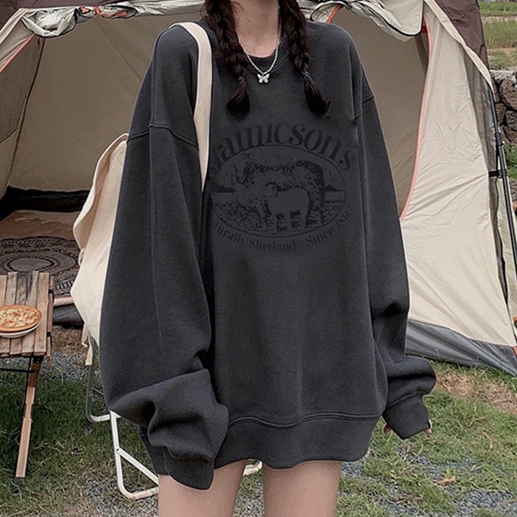 棉质复古美式宽松圆领卫衣女款春季 厚薄可选女装外套衣服深灰色