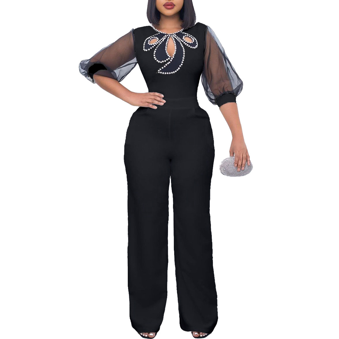 D3183 ropa de mujer de comercio exterior 2023 Verano manga corta puff manga larga cuentas sexy cintura de pierna ancha más tamaño mono transfronterizo