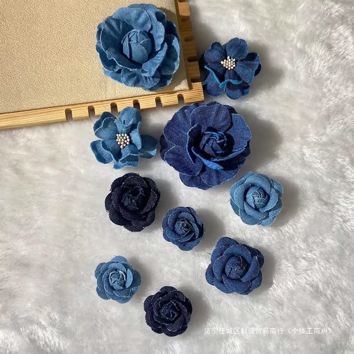 痛包diy材料深蓝色假花DIY手工牛仔布山茶花布艺花玫瑰花朵垒德株
