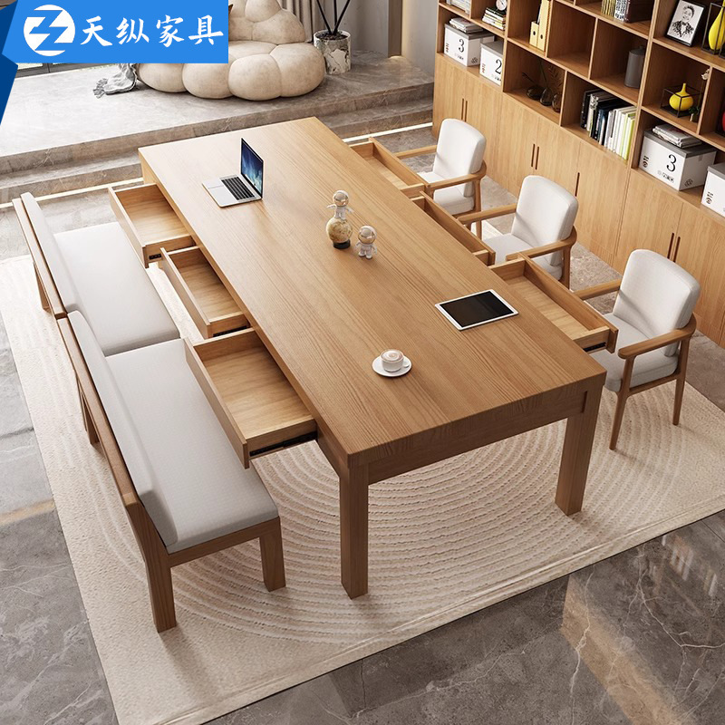 Tianzong Nordic Solid Wood Desk with Drawer Home Desk Living Room Desktop Computer Desk Negotiation Reading Study Table