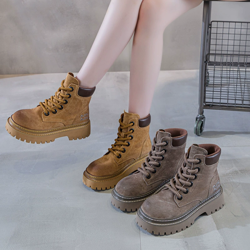 Ретро-ботинки на толстой подошве из свиной кожи для женщин, осень 2025, новые рабочие ботинки в стиле вестерн, ковбойские, с толстыми шнурками, короткие ботинки для женщин