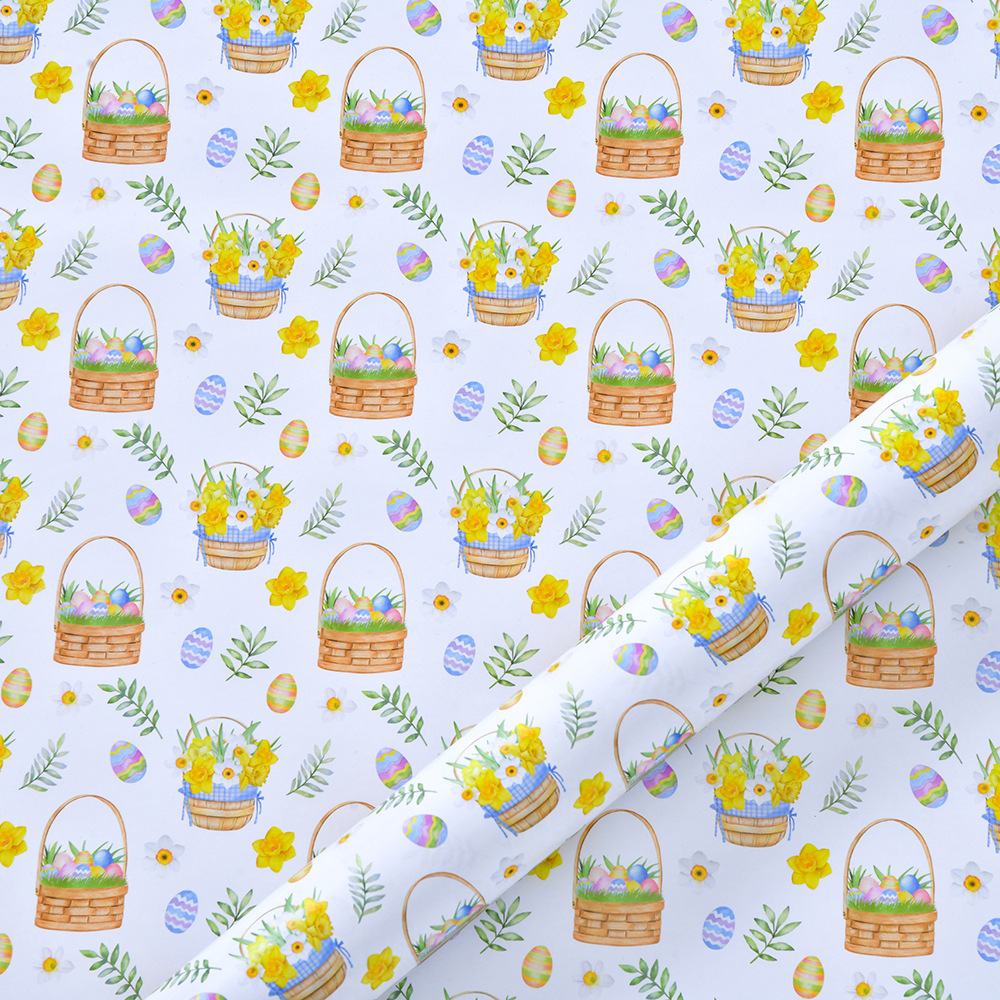Papel de regalo de Pascua transfronterizo con estampado de conejo y pollito de dibujos animados, papel de regalo floral DIY