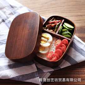 跨境方形分格单层便当盒木质便当盒 日式成人饭盒便携食盒