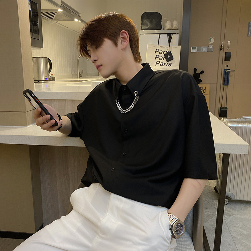 Summer Men's Shirt Short-sleeved Loose Mid-sleeved Necklace Hanging Solid Color ins Fashionable Casual Men's Half-sleeved Shirt