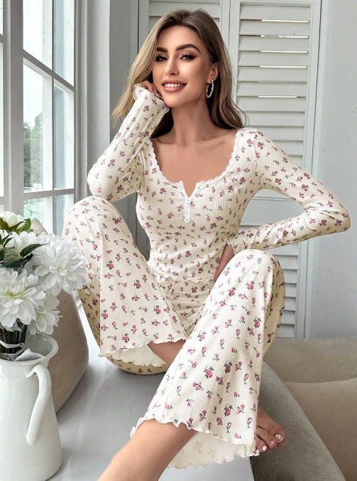 ChicShe Cross-Border European And American Long-Sleeve Collared Pajamas Small Floral Print Pea Vegetable Rolled Hem Long_voghion.com