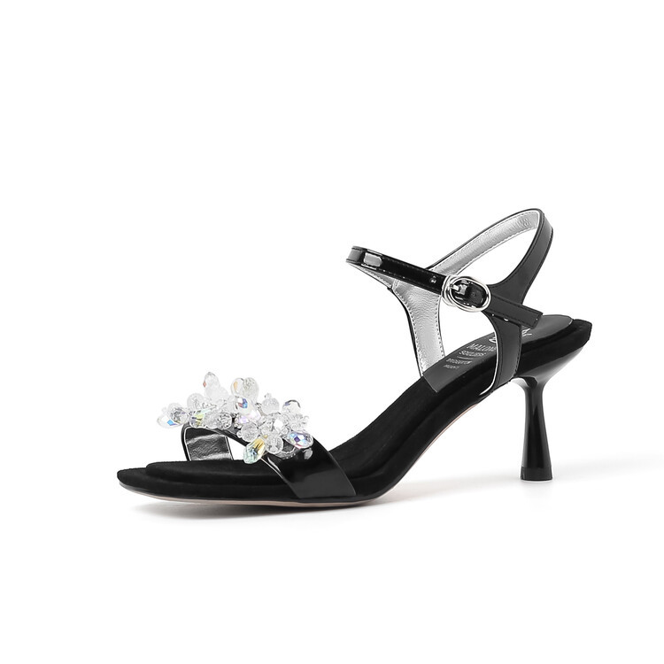 Sandal cao gót nữ mũi nhọn đính cườm da bò, gót nhọn 9 cm — Màu đen, Màu xanh lam chi tiết 13