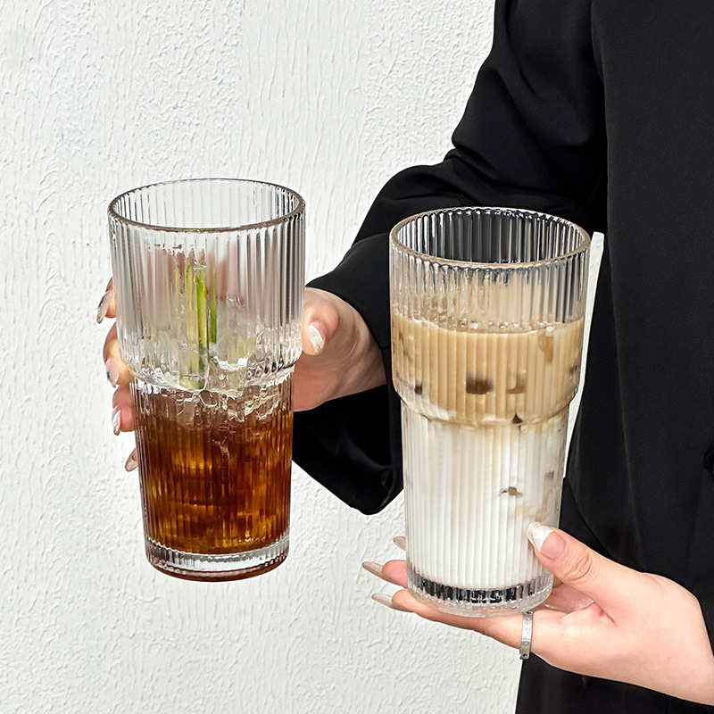 高颜值冷饮杯果汁咖啡杯带盖带吸管竖条纹玻璃杯水杯ins风大容量|undefined
