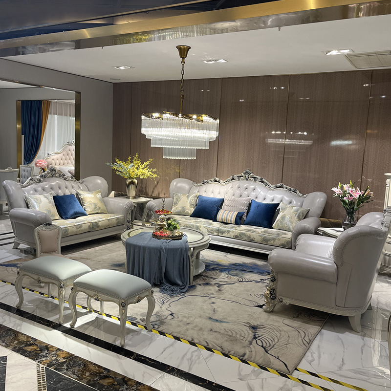 European-Style Genuine Leather Sofa Set 123 Villa Living Room Large Apartment Furniture Light Luxury American-Style Solid Wood Sofa with Carvings