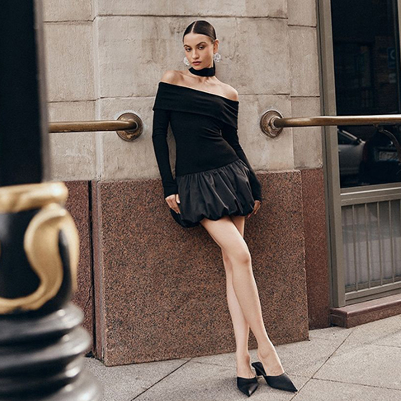 2024 otoño estilo europeo y americano temperamento de moda moda de cuello larga manga abierta costura corta vestido de mujer
