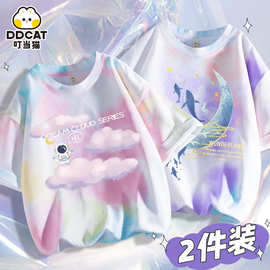 叮当猫中大童T恤短袖精梳棉扎染短t女孩夏装女童上衣新款童装潮