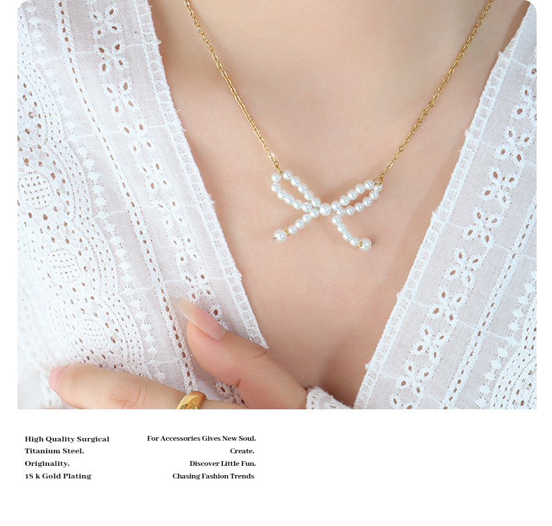 PVD Coated Gold Plating Process Real Gold Plated Plating Material PVD Coated Real Gold Plated Bow Knot Titanium Steel Elegant Waterproof Non Tarnish Necklace