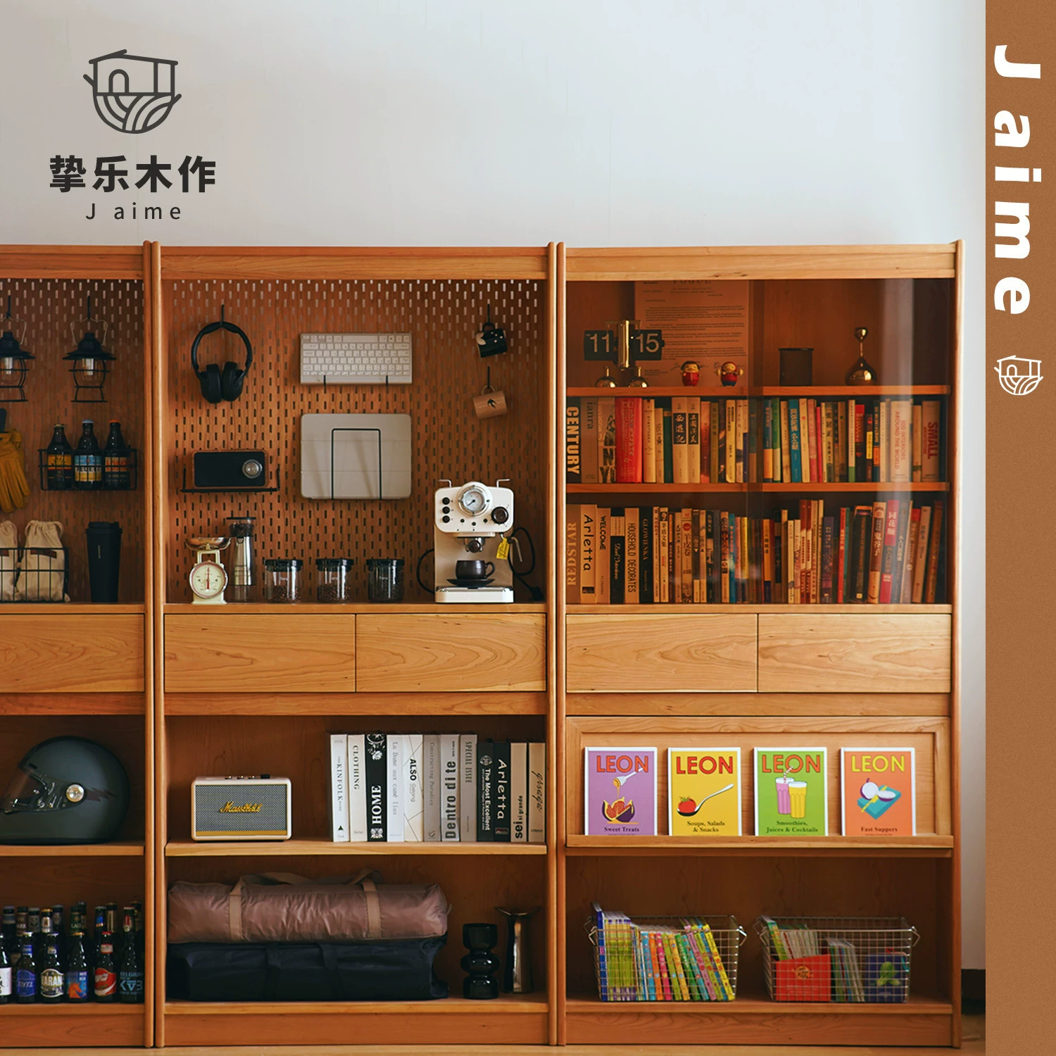 Книжный шкаф из цельного дерева Скандинавский шкаф для всей стены