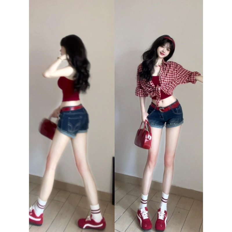 Millennial Retro Hot Girl Mid-Low Waist Hip-Hugging Rolled Hem Denim Shorts Women's Summer Thin Slimming Blue Washed Hot Pants