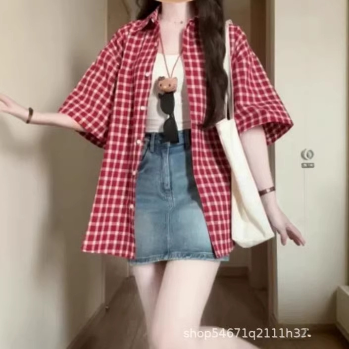 Red Plaid Summer Lightweight Short-Sleeved Shirt Summer 2026 New Retro Casual Loose Trendy Summer Thin Light Gray