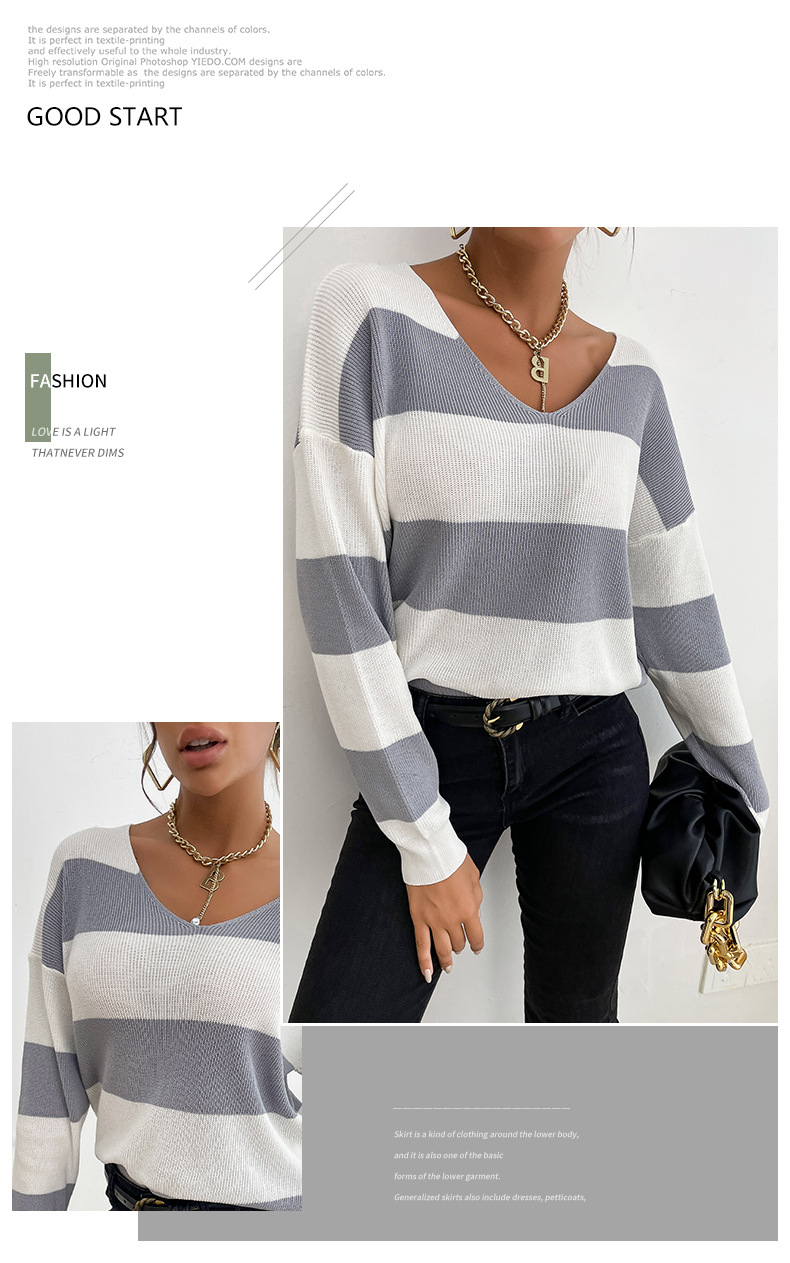 maglione a righe con scollo a V a maniche lunghe casual autunnale da donna alla moda_voghion.com