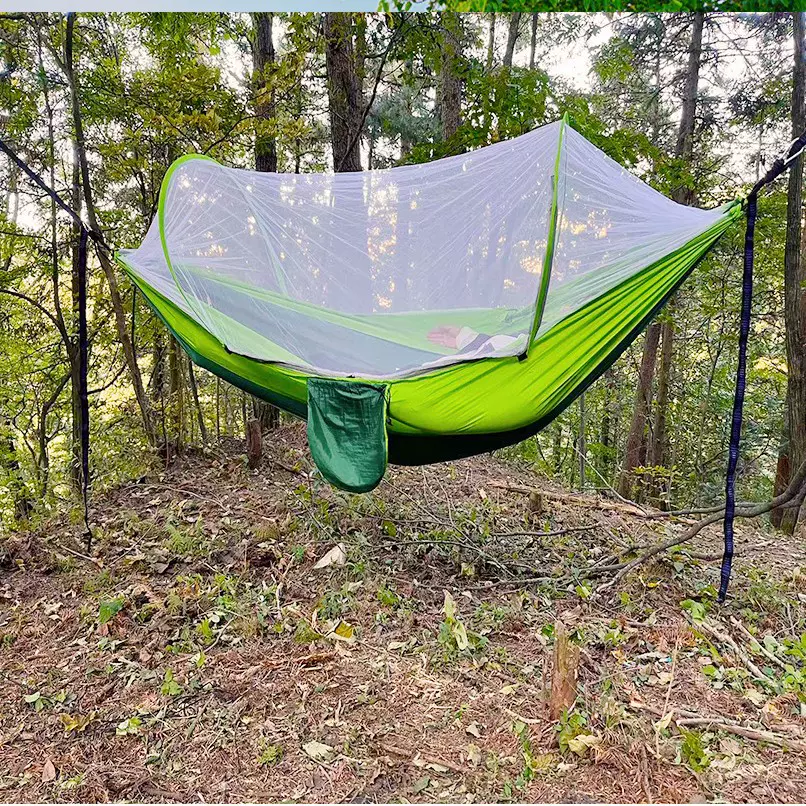 全自动速开带蚊帐吊床户外单双人尼龙布野营撑杆蚊帐吊床防蚊吊床
