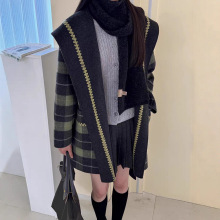 2025新款两面穿绿格子高端双面羊绒大衣女短款宽松系带毛呢外套