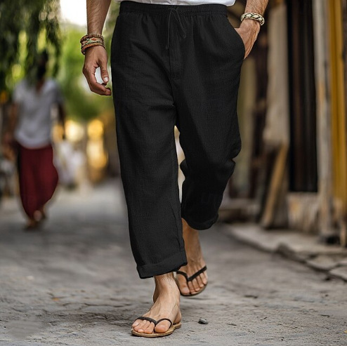 New cross-border men's pants trousers summer pants cotton pants drawstring elastic waist straight solid color comfortable breathable