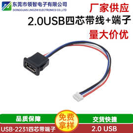 2.0防水USB母座4芯带线卡扣式防水带线带端子注塑USB母座面板安装