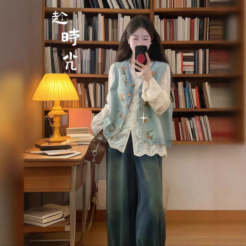 Autumn Outfit Set with a Vintage Denim Vest, Lace Shirt Top, and Wide-Leg Pants, a Stunning Two-Piece Set for Women