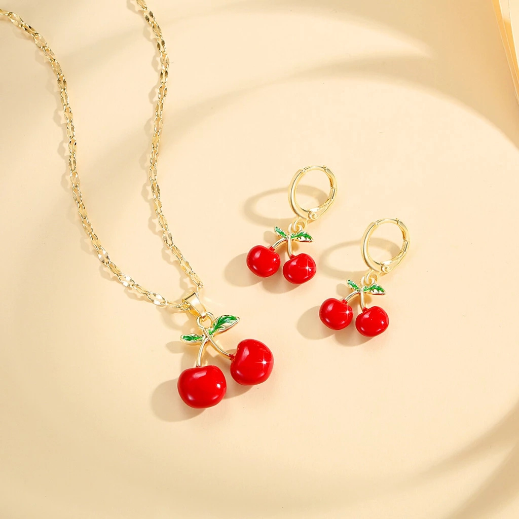 Frutas de explosión transfronteriza series de cereza roja ágata colgante collar pendientes pendientes set de joyas de moda para mujeres