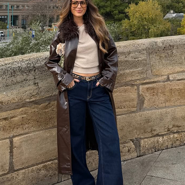 British Style High-End Fur Collar Long Leather Jacket Women's Long 2025 Winter New Cross-Border European and American Style