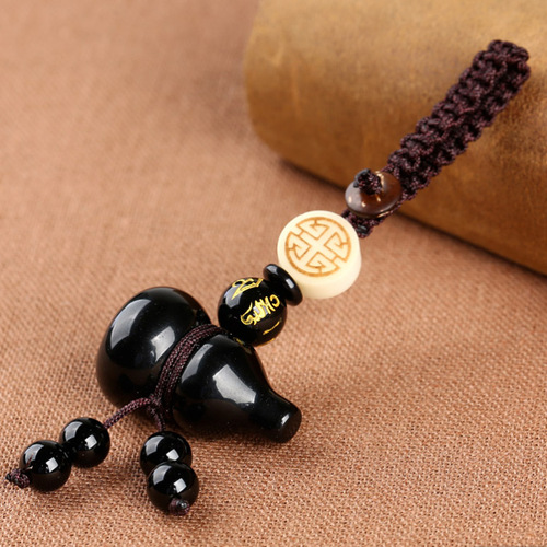 Manufacturer Directly Operated Natural Mexican Obsidian Gourd Keychain Pendant Small Gourd Bodhi Wholesaler Mobile Chain