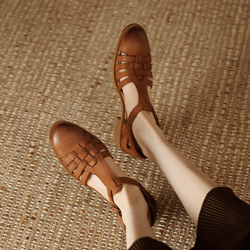 Sandal bít mũi da cừu phong cách La Mã quai chữ T dệt cho nữ — Màu caramel chi tiết 2