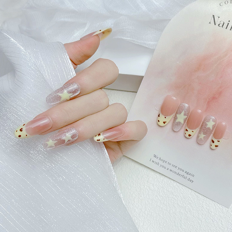 Purely Handmade French-Style Star Nail Tips, Nude Color with Sparkling Rhinestones, High-End Premium Niche Nail Stickers Purely Handmade French-Style Star Nail Tips, Nude Color with Sparkling Rhinestones, High-End Premium Niche Nail Stickers