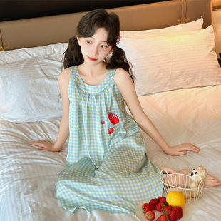 Girls' Plaid Suspender Nightgown, Girl's Ice Silk Thin Home Clothes, Medium and Large Children's Casual Loose and Cool Outer Pajamas